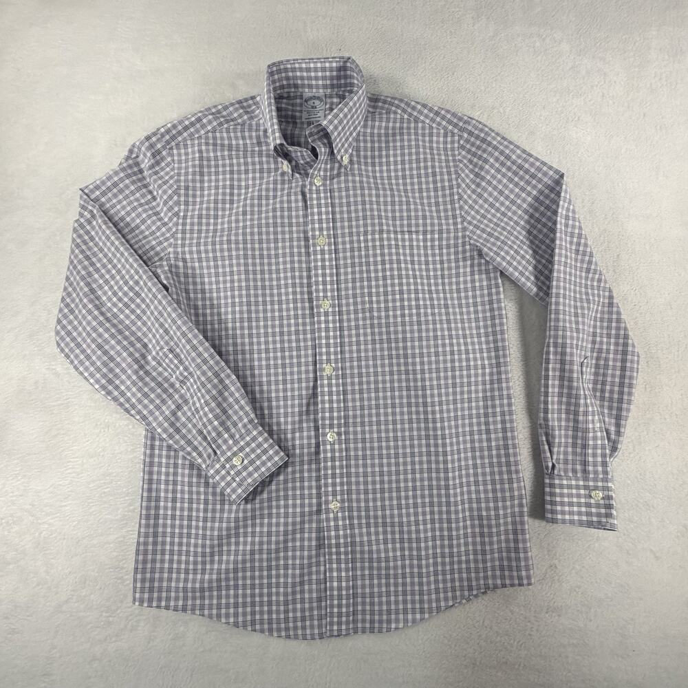 Brooks Brothers Dress Shirt Men’s S Button Up Purple Plaid Non-Iron 100% Cotton